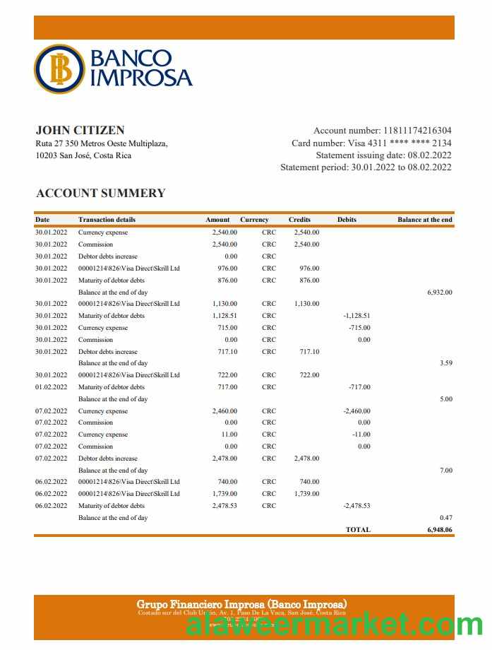 Costa Rica Banco Improsa bank statement xls